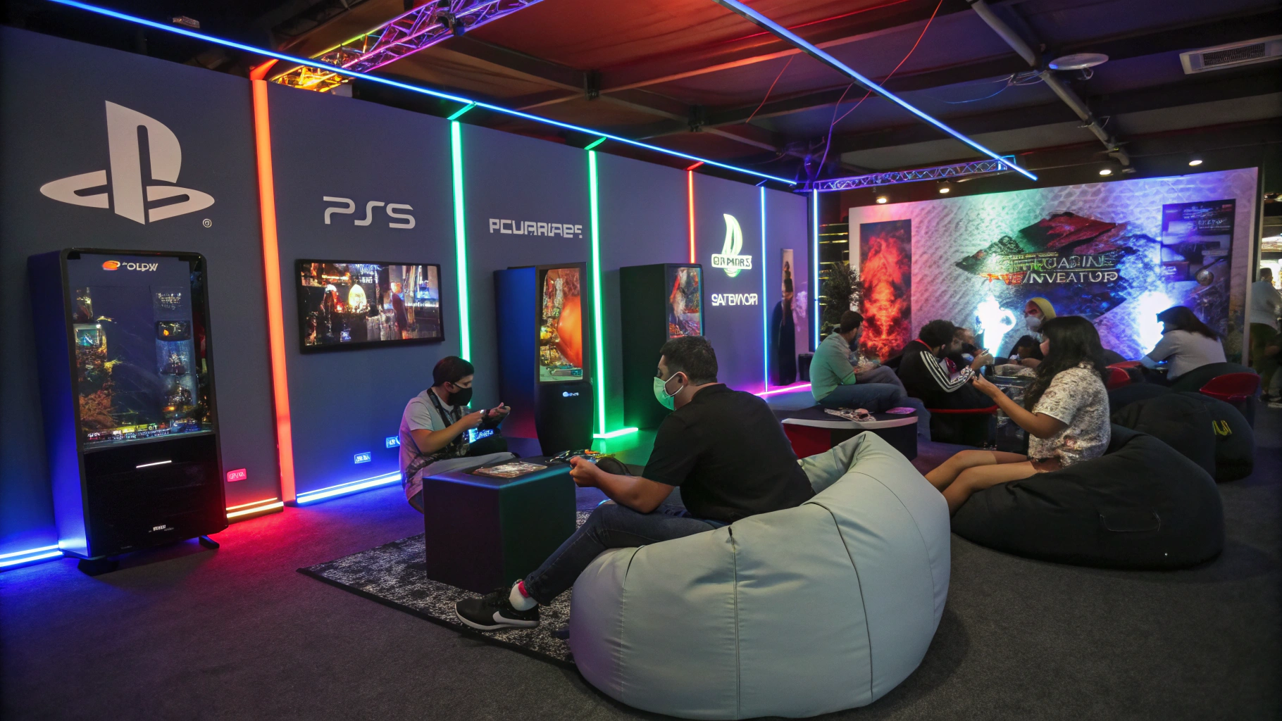 PlayStation console gaming lounge with modern displays and leather seating